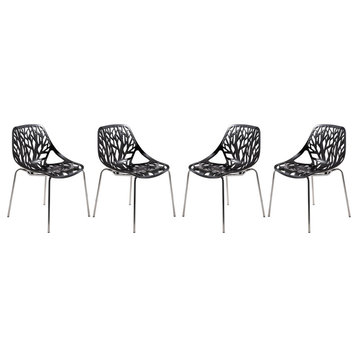 LeisureMod Asbury Plastic Dining Chair With Chromed Legs Set of 4, Black