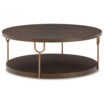 Ashley Furniture Brazburn Wood Round Cocktail Table in Dark Espresso Brown/Gold