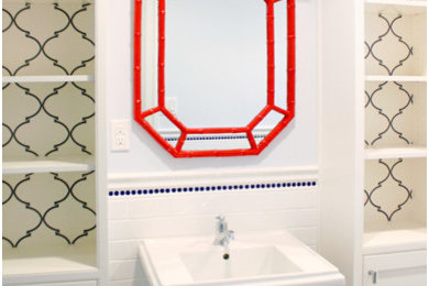 Design ideas for a traditional kids bathroom in Philadelphia with white cabinets and white tile.