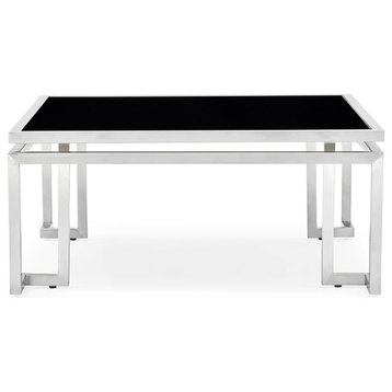 Plaza Coffee Table Opaque Black Tempered Glass Top Brushed Stainless Steel Base