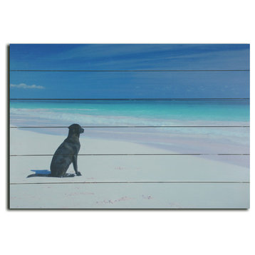 Dog on Beach Print on Planked Wood, 18x26