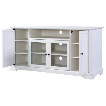 Transitional TV Stand, Multiple Cabinets With Shelves for Extra Storage, White