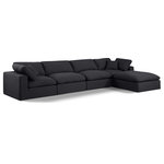 Meridian Furniture - Comfy Upholstered L-Shaped Modular Sectional, Black, 5-Piece: 2 Armless Chair, 2 Corner Chair, 1 Ottoman, Linen Textured Fabric - Give your space a whole new look with this black Comfy linen textured fabric sectional. This handsome sectional fits nicely with other items in the Comfy collection and is a versatile seating option designed for adaptability, comfort and style. Wrapped in rich black durable linen textured fabric upholstery, this sectional offers a plush embrace of overstuffed down feather cushions, carefully crafted to deliver the highest level of comfort. The perfect seat for creating an oasis for relaxation, this sectional has thick foam surrounding its frame for added support and coziness.