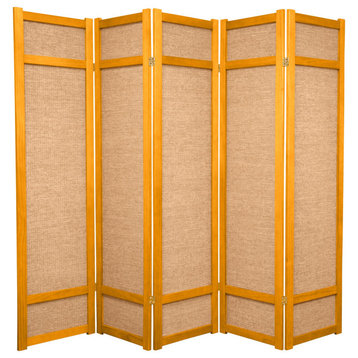 Traditional Room Divider, Wooden Frame With Jute Screens, Honey/5 Panels