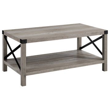 40" Farmhouse Metal "X" Coffee Table with Corner Accents, Gray Wash