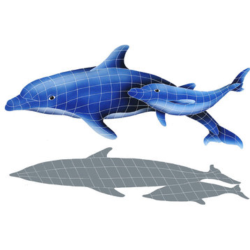 Dolphin Pair Ceramic Swimming Pool Mosaic 37"x57" with shadow
