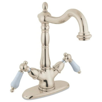 Traditional Bathroom Vessel Faucet, 2 Unique Handles With Curved Spout, Nickel