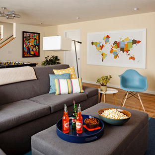 Inspiration for a traditional look-out basement in Portland with beige walls, medium hardwood flooring, no fireplace and orange floors.