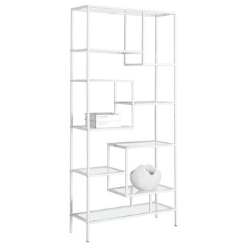 HomeRoots 12" x 32" x 72" White Clear Tempered Glass Metal Bookcase