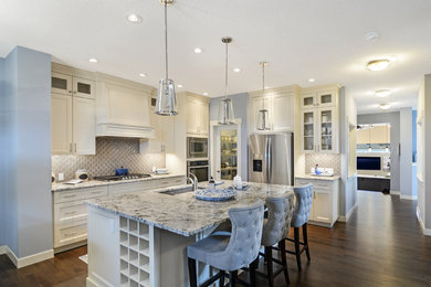 Inspiration for a transitional kitchen remodel in Calgary with gray backsplash and glass tile backsplash