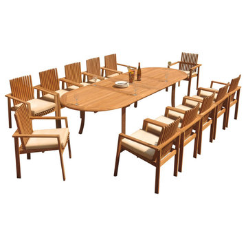 13-Piece Outdoor Teak Dining Set: 117" Oval Table, 12 Clip Stacking Arm Chairs
