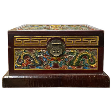 Chinese Dimensional Relief Dragon Motif Square Storage Box Chest Hws1944