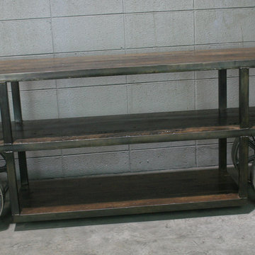 Industrial Trolley Cart/ TV Stand. reclaimed wood, steel/ Media Console