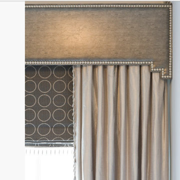 Window treatment, gray valance with drape
