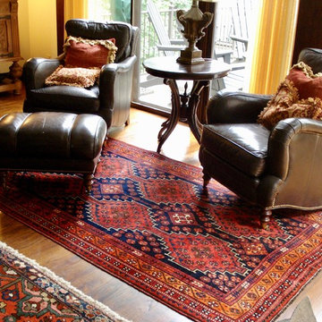 Persian Shiraz oriental rug grounds with elements of geometry and jewel tones...