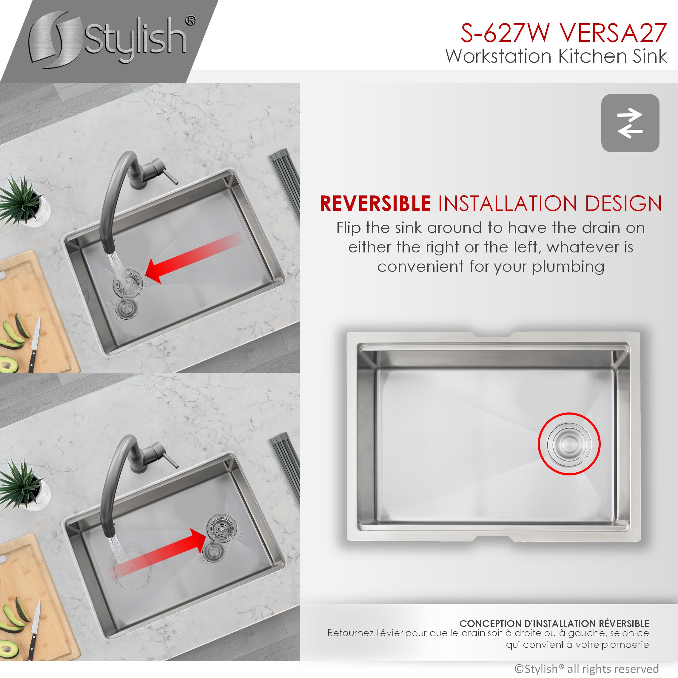 STYLISH 27'' Workstation Single Bowl Undermount 16G Stainless Steel Kitchen Sink