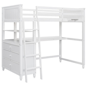 Gewnee Twin size Loft Bed with Drawers and Desk, Wooden Loft Bed in White