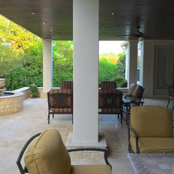 Custom Covered patio with fire/ water feature & outdoor kitchen