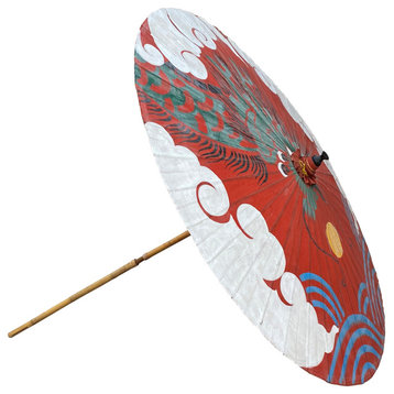 Handmade Large Round Green Dragon Theme Paper Umbrella Shade Hcs6974
