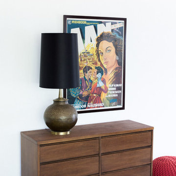 Vintage Bollywood Poster with Mid Century Modern Dresser, Brass Lamp and Red Or