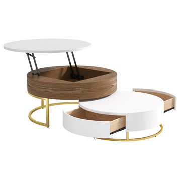 Nesnesis Modern Round Lift-top Nesting Wood Coffee Table with Drawers, White & Walnut
