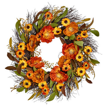 Fall Flower Wreath On Natural Twig Base, 22"