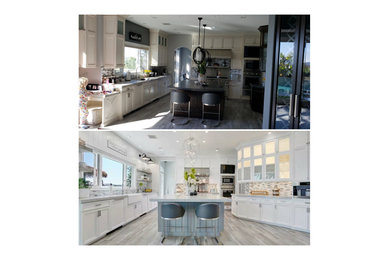 Eat-in kitchen - large coastal u-shaped eat-in kitchen idea in Orange County with a farmhouse sink, beaded inset cabinets, white cabinets, quartz countertops and an island