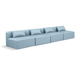 Meridian Furniture - Cube Upholstered Modular Sofa, Light Blue, 4-Piece: 4 Armless Chair, Vegan Leather - Elevate your space with the luxurious Cube Vegan Leather Modular Sofa. This modular sofa exudes modern elegance, charm, and comfort making it a perfect addition to any contemporary living space. Its clean lines and cube shape are reminiscent of minimalist design, while the plush light blue vegan leather upholstery adds a touch of luxury and sophistication. The chair's versatile construction and geometric aesthetic seamlessly integrate into various design styles, from sleek living rooms to chic home offices, embodying the essence of modern design and creating a sense of order and tranquility in your space.