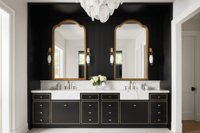 Example of a transitional gray floor and double-sink bathroom design in Philadelphia with flat-panel cabinets, black cabinets, black walls, an undermount sink, white countertops and a built-in vanity