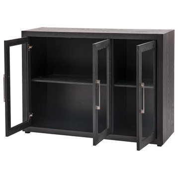 Stylish Wooden Entrance Storage Cabinet With Tempered Glass, Walnut