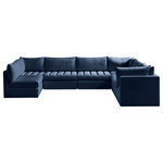 Meridian Furniture - Jacob Velvet Upholstered 7-Piece U-Shaped Modular Sectional, Navy - Create the ideal seating arrangement for your space when you pick and choose the elements you like mostincluding this Jacob velvet modular sectional. Mix and match items in the Jacob collection to bring your living space or family room together with a personalized slant. Soft navy velvet upholstery is soft and welcoming to the touch, adding a luxurious feel to everyday seating. Deep channel tufting adds to the piece's durability, and latches underneath the unit make it easy to attach to other pieces in the collection.