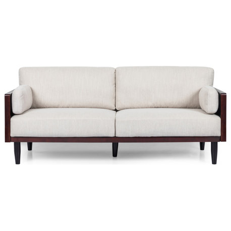 Bagan Mid-Century Modern Upholstered 3 Seater Sofa, Beige + Dark Walnut