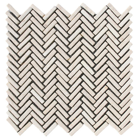 Cream chevron stone mosaic tile, 4" x 12", mesh backing, natural finish