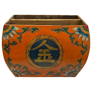 Chinese Wood Square Orange Lacquer Graphic Handle Bucket Hws1957B