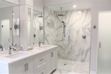 Large transitional master white tile and porcelain tile ceramic tile and double-sink bathroom photo in Other with shaker cabinets, white cabinets, gray walls, an undermount sink, quartz countertops and white countertops
