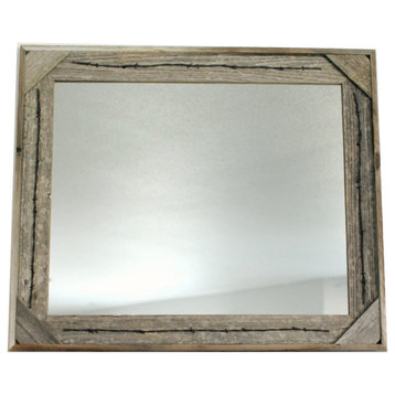 Rustic Mirror, Cornerblock Barnwood With Barbed Wire, 20"x30"