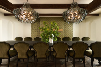 Dining room - mediterranean dark wood floor, brown floor and exposed beam dining room idea in San Diego with beige walls