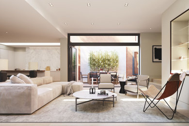 Design ideas for a large modern open plan living room in London with beige walls, light hardwood flooring, no fireplace, a wall mounted tv, beige floors and a drop ceiling.