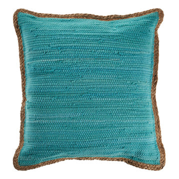 Solid Turquoise Blue Jute Bordered Throw Pillow