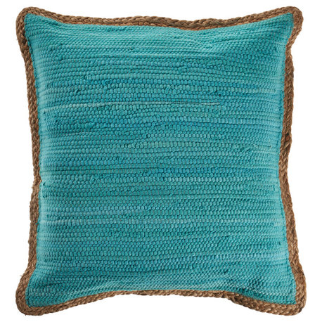 Solid Turquoise Blue Jute Bordered Throw Pillow