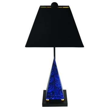 Elegant Lapis Pyramid Blue Granite Table Lamp, Modern Black Shade