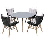Armen Living - Sydney and Fanny 5 Piece Outdoor Patio Dining Set Wood Rope and Gray Cushions - Mixed materials bring texture, warmth, and a unique style to every space when combined. The Sydney and Fanny 5 Piece Outdoor Dining Set in Eucalyptus Wood with Rope and Grey Cushions from Armen Living harmoniously blends these materials that create an eclectic dining set for everyone to enjoy. Whether youre having an outdoor lunch, dinner under the stars, or happy hour, this set is perfect for any occasion. The Sydney patio dining table features sleek tapered wood legs that allow for ample leg room. One of the best reasons to choose Eucalyptus wood for your outdoor furniture or four-seasons porch is that it is exceptionally resistant to decay and rot. It naturally resists the influence of moisture because of the high oil content it naturally contains. That means it can get damp without you worrying about whether damage will occur. It can withstand several different outdoor elements while lasting for many years if it receives proper care. Our dining table measures 47 inches in diameter and remains perfect for entertaining in your patio, backyard, or balcony. The stone top features a 5-layer composite with 2 layers of cement fiberboard surrounding the aluminum honeycomb core. This beautiful tabletop is durable and robust - capable of withstanding inclement weather and everyday wear and tear. The dynamic and sculptural profile of the dining armchair is accentuated with an elegant rope weave. The modern charm of the resilient and weather resistant rope harmoniously pairs with the architectural eucalyptus base. Featuring an elongated seat that seamlessly flows into the armrest and a gracefully curved back, our outdoor accent chair simply wraps you in comfort. Its expertly tailored cushioning follows the contours of the chair for an utterly comfortable stay. Moisture and water are ongoing concerns for outdoor furniture. Even if your furniture stays out of the rain, condensation is likely going to build up. Polyester is not permeated easily by water. Secondly, polyester resists the types of molds and mildews that will take root in fabrics made of natural fibers. This means the patio furniture will have a longer life if it features polyester upholstery. The Sydney and Fanny patio dining set is available with a light eucalyptus finish, grey stone tabletop, charcoal rope with grey cushions or a dark eucalyptus finish, grey stone tabletop, truffle rope with grey cushions.