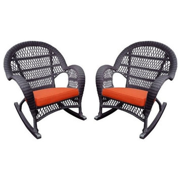 Jeco Wicker Rocker Chair in Espresso with Orange Cushion (Set of 2)
