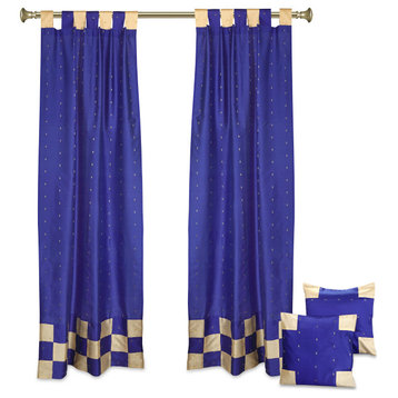 4 Pc Set Indian Sari Curtains & Cushion Covers - Boho Tab Top  - Blue 84"