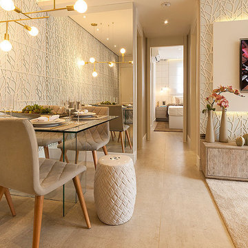 Contemporary light colored dining room with wood aplique wall pattern