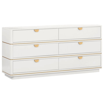 Glam Luxe 6 Drawer Dresser, Modern Bedroom Sideboard with Gold Brass Pulls, Cream