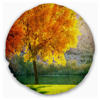 Beautiful Autumn Season in Forest Landscape Printed Throw Pillow, 20" Round