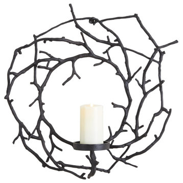 Elegant Black Metal Branch Wreath Candle Sconce Pillar Holder Twig Open Organic
