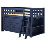 Finn & Ivy - Chelsea Twin Low Loft Bed with Storage, Blue - Our Chelsea Blue Twin Low Loft Bed with Storage is a great loft bed for smaller rooms. Not too high, it features a twin low loft bed with a 6 drawer dresser and a 3 shelf bookcase tucked right underneath the bed. This gives you storage without taking up additional floor space. They can be set up in reverse, or moved elsewhere at a later date as your bedroom design needs change. The simple straight lines and slatted bed ends give this low loft bed a stylish look for kids and teens of any age. It is built of solid pine in a Blue finish as shown. Includes: twin size low loft bed, 2 guardrails, leaning ladder, 6 drawer dresser, low bookcase and Euro-slats. Dimensions: 42-3/4"W x 81-1/2"L x 50-1/4"H. (54-3/4”W with Ladder). The clearance under the loft is 31-1/2"H.