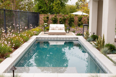 Mid-sized cottage backyard stone and rectangular lap pool photo in Orange County